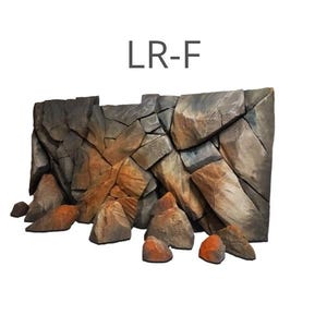 May include: A decorative rock wall with a textured surface, featuring shades of gray, brown, and orange. The wall is composed of various sized stones, creating a naturalistic appearance. The text "LR-F" is displayed at the top.