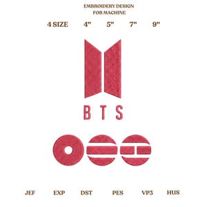以下が含まれることがあります： 機械刺繍用の赤いデザインで、「BTS」の文字と「ONE」の文字、円と2つの半円が特徴です。 デザインは10 cm、13 cm、18 cm、23 cmのサイズで利用できます。 上部には「EMBROIDERY DESIGN FOR MACHINE」の文字があります。