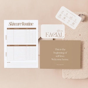 May include: A selection of skincare-themed stationery. Includes a skincare routine checklist, a business card with the text "FACIAL AFTERCARE", and a card with the text "This is the beginning of self love. Welcome home."