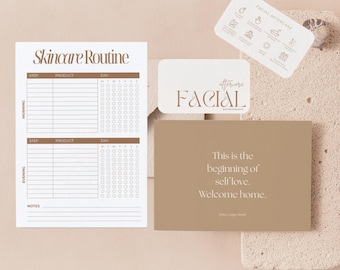 Facial Care Template Bundle | Editable Welcome, Aftercare Cards, Skincare Routine Notepad (Digital Download)