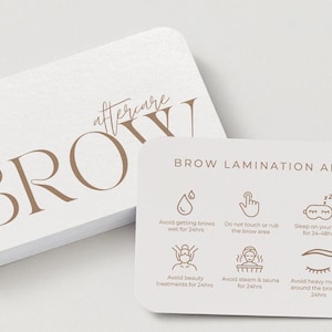 May include: A stack of white, rounded-corner cards with brown text. One card reads "BROW" with "aftercare" above it. Another card displays "BROW LAMINATION AFTERCARE" and aftercare instructions with icons.
