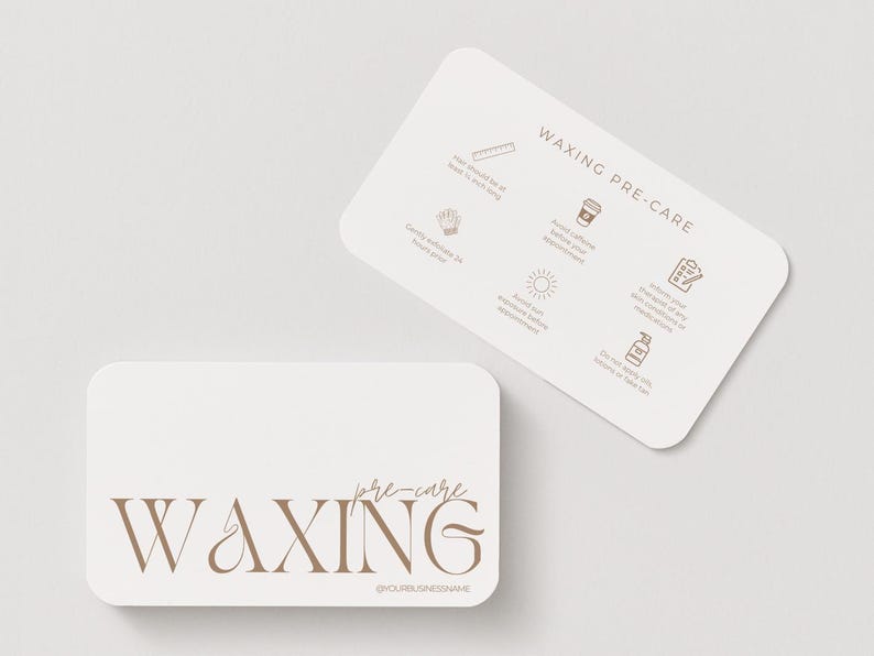 May include: Two white cards with rounded corners. One card reads "WAXING pre-care" in brown script. The other card has pre-waxing instructions with icons. The background is a light, neutral color.