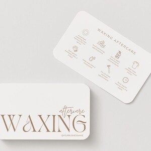 May include: Two cream-colored cards with rounded corners. One card reads "WAXING" in a serif font with "aftercare" in a script font. The other card has "WAXING AFTERCARE" text and icons with aftercare instructions.