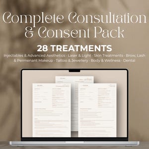 Op de afbeelding: Een digitaal scherm met een compleet consultatie- en toestemmingspakket voor 28 behandelingen, waaronder injectables, esthetiek, laser, huidverzorging, wenkbrauwen, wimpers, permanente make-up, tatoeage, sieraden, lichaam, wellness en tandheelkunde.