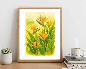Bird of Paradise Watercolor Flower | Tropical Botanical Wall Art Printable