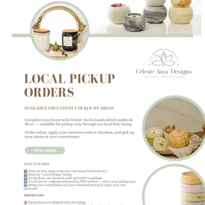 May include: An advertisement for Celeste Aura Designs, featuring handcrafted candles and decor. The image showcases various candles in different colors and styles, with a focus on local pickup orders in NJ and NY areas. The text includes instructions on how to order.