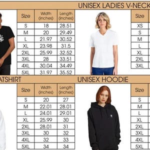 May include: Image featuring size charts for unisex t-shirts, ladies' V-necks, sweatshirts, and hoodies. The charts display sizes from XS to 5XL, with corresponding width and length measurements in inches. Models are shown wearing the apparel.