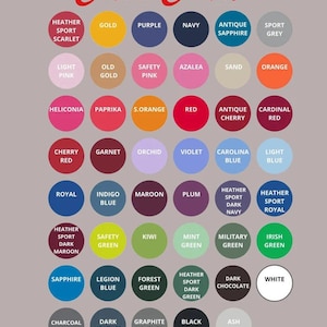 May include: A color chart with a variety of color swatches, each labeled with a color name. The chart includes shades like "Heather Sport Scarlet," "Gold," "Purple," and "Navy." The title "Color Chart" is written in red script.