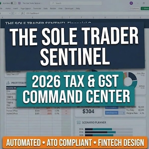 May include: Screenshot of a financial software interface, displaying "THE SOLE TRADER SENTINEL" and "2026 TAX & GST COMMAND CENTER." The interface includes charts, tables, and the phrases "AUTOMATED," "ATO COMPLIANT," and "FINTECH DESIGN."