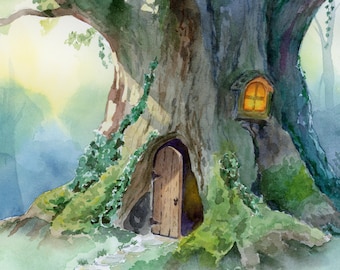 May include: Watercolor painting of a large tree with a wooden door and a small window. The tree trunk is gray and textured, with green moss and vines. The door is light brown, and the window glows with a warm, yellow light.
