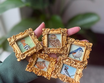 Tiny Gold Framed Bird Art Magnet | Miniature Gouache Painting Print
