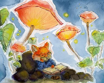 May include: Watercolor illustration of a fox wearing glasses, reading a book under orange mushrooms. The fox is wearing a blue shirt. Green leaves and yellow glowing dots are also in the image.