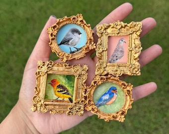 Mini Original Bird Paintings – Hand Painted Tiny Gold Framed Art Magnet