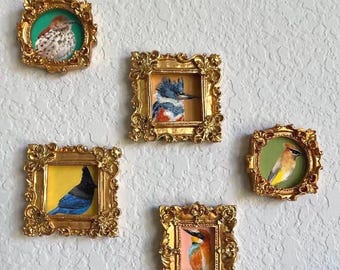 Mini dipinto personalizzato di un uccellino – Mini opera d'arte dipinta a mano, magnete, mini opera d'arte incorniciata