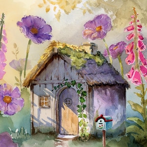 May include: Watercolor painting of a whimsical cottage with a thatched roof and wooden door, surrounded by purple flowers and pink foxgloves. A small blue mailbox stands nearby. The artwork evokes a fairy tale or fantasy theme.