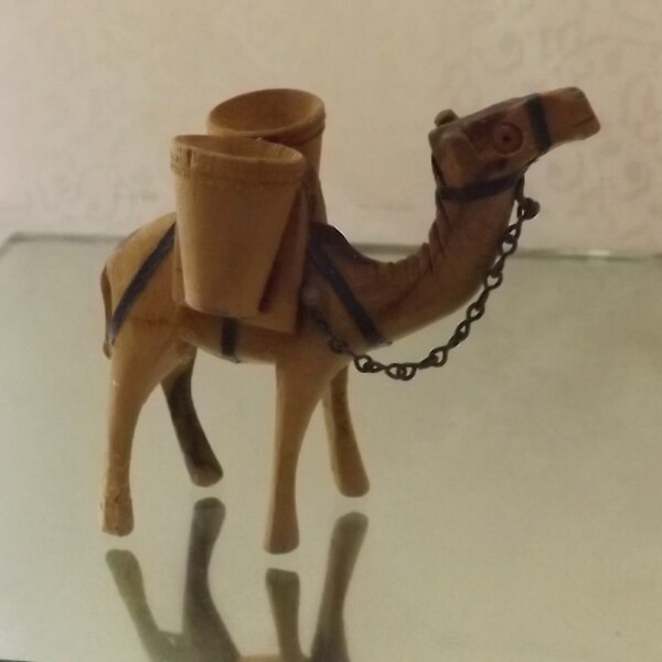 miniature wooden camel carrying two baskets with chain for school projects, room decor or nativity sets