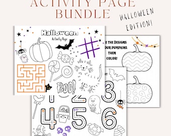 May include: A Halloween-themed activity page bundle with various designs, including pumpkins, bats, and spiders. The pages feature mazes, connect-the-dots, and coloring activities. Text includes "Halloween Activity Page" and "Halloween Edition!"