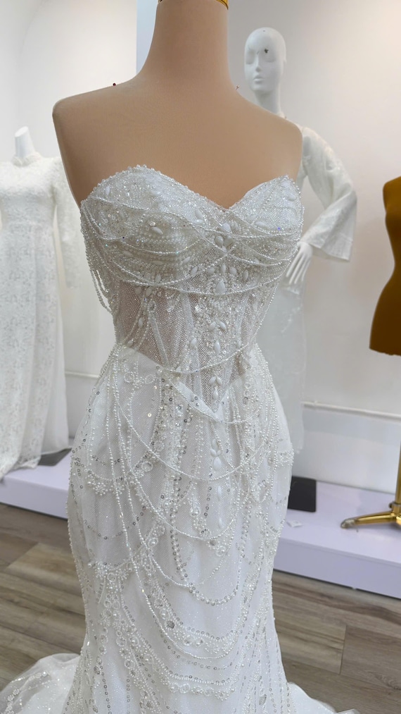 Pearl Beaded Mermaid Wedding Dress, Luxury Corset Bridal Gown, Crystal Strapless Wedding Dress, Bespoke Couture Bridal Dress, Rosa Bridal