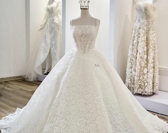 Vestido de novia de encaje con escote cuadrado, vestido de princesa con falda amplia, vestido de novia clásico y elegante de encaje, vestido de novia hecho a medida