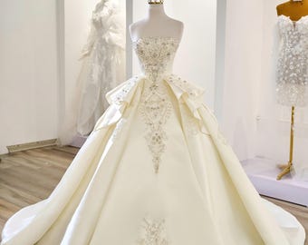 Luxury Crystal Beaded Ball Gown Wedding Dress, Long Train