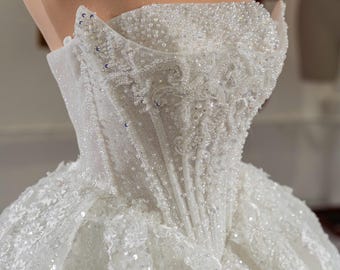 Vestido de novia de gala de lujo brillante, vestido de novia sin tirantes con corsé y falda de tul brillante, vestido de novia de princesa con cola, personalizado