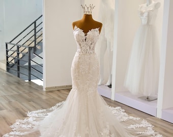 Lace Mermaid Wedding Dress | Strapless Corset, Chapel Train wedding gown, Elegant fitted bridal gown, Romantic Bride, made by Rosa Bridal