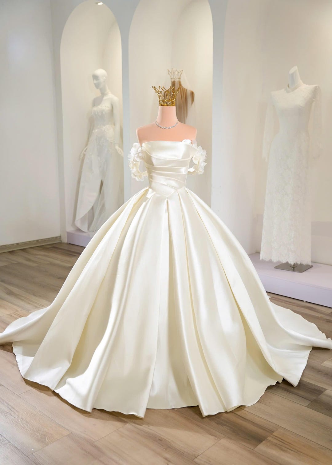Off Shoulder Satin Ball Gown Wedding Dress, Long Train - Etsy