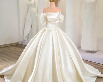 Off Shoulder Satin Ball Gown Wedding Dress, Long Train