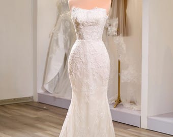Off Shoulder Lace Mermaid Wedding Dress, Long Sleeve Bridal Gown