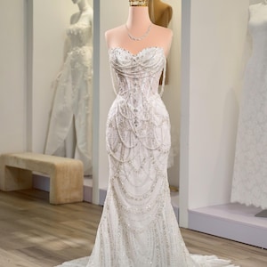 bedazzled corset wedding dress Sparkly Pearl Rhinestone Tulle Strapless Illusion Corset Bridal Gown