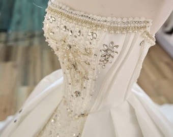 Luxury Beaded Corset Ball Gown, Satin Overskirt Princess Wedding Dress, Hand Beaded Made to Measure Bridal Dress, Custom made by Rosa Bridal