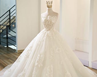 3D Floral Lace Wedding Dress, Strapless Corset Ball Gown, Princess Couture Bridal Dress, Luxury Custom wedding gown, made by Rosa Bridal