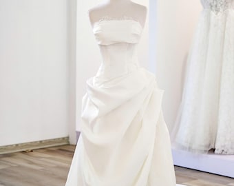 Satin Corset Wedding Dress – Draped Skirt, Lace Train