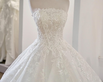 Strapless Lace Ball Gown, Princess Wedding Dress, Romantic Floral Lace Bridal Gown, Luxury Custom Made Wedding Dress by Rosa Bridal House