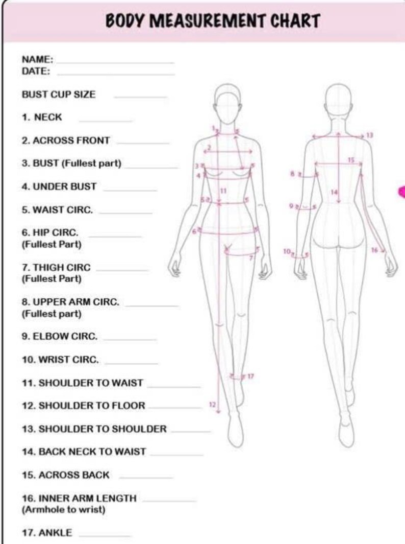 K&ouml;nnte beinhalten: Eine K&ouml;rperma&szlig;tabelle mit rosa &Uuml;berschrift. Die Tabelle enth&auml;lt eine Liste von K&ouml;rperma&szlig;en wie Hals-, Brust-, Taillen- und H&uuml;ftumfang. Zwei Strichzeichnungen einer Person sind abgebildet, eine von vorne und eine von hinten, mit Messlinien.