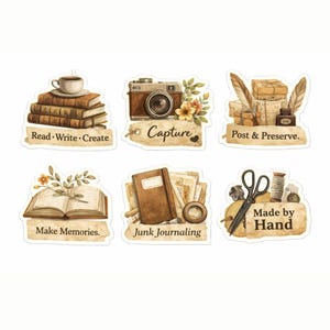 Pegatinas vintage para diarios creativos / Material efímero para scrapbooking, Read Write Create (Descarga digital)
