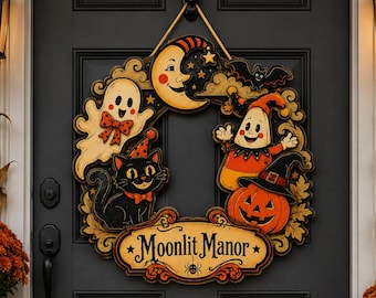 Guirlanda de madeira para o Halloween, placa de porta vintage com fantasma, gato preto e abóbora, decoração de parede gótica para mansão iluminada pela lua, decoração assustadora para porta de entrada no outono.