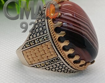 Men&#39;s Sterling Silver Brown Stone Ring, Egyptian Design
