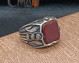 Egyptian Sterling Silver Men&#39;s Ring, Chunky Statement Design, Carnelian Stone, Tree Face