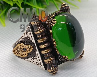 Egyptian Sterling Silver Men&#39;s Ring, Tree of Life Symbol, Chunky Statement Design, Green Stone