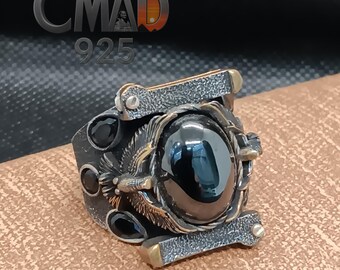 Sterling Silver Eagle Ring, Onyx or Emerald Stone, Egyptian Turkish Sword Design