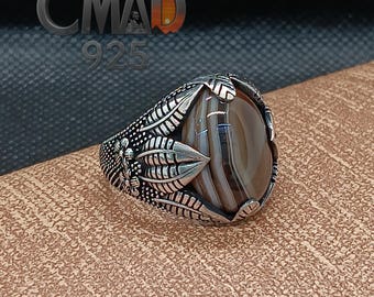 Sterling Silver Brown Jasper Men&#39;s Ring, Leaf Design
