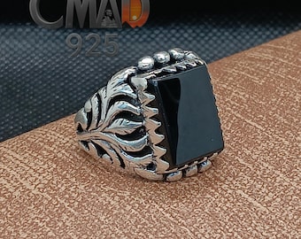 Black Onyx Sterling Silver Mens Ring, Ottoman Turkish Leaf Design