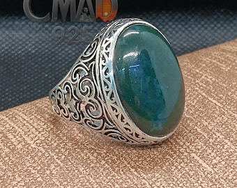Emerald Stone Sterling Silver Mens Ring, Turkish Ottoman Style