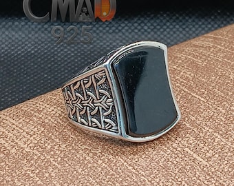925 Sterling Silver Ring, Black Onyx Mens Ring, Ottoman Mens Ring, Turkish Ring, Unique Mens Jewelry, Shield Chain Design