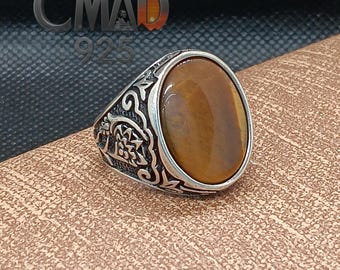 Men&#39;s Sterling Silver Brown Stone Ring, Egyptian Turkish RIng, Flower Design