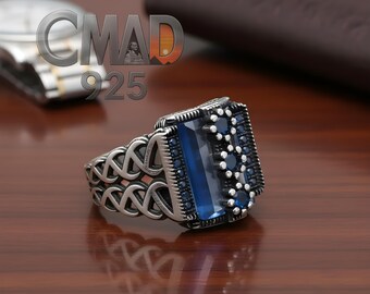 Men&#39;s Sterling Silver Blue Stone Ring, Egyptian Design