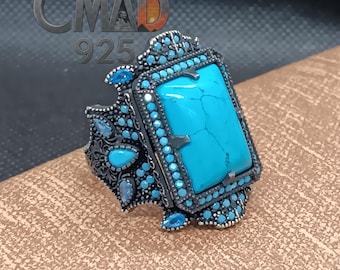 Egyptian Turquoise Sterling Silver 925 Men&#39;s Ring, Chunky Handmade Statement