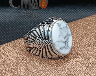 Egyptian Sterling Silver Men&#39;s Ring, Chunky Statement Design, White Stone, Flower Design