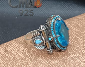 Blue Glass Stone Sterling Silver Mens Ring, Turkish Egyptian Chunky Statement Ring
